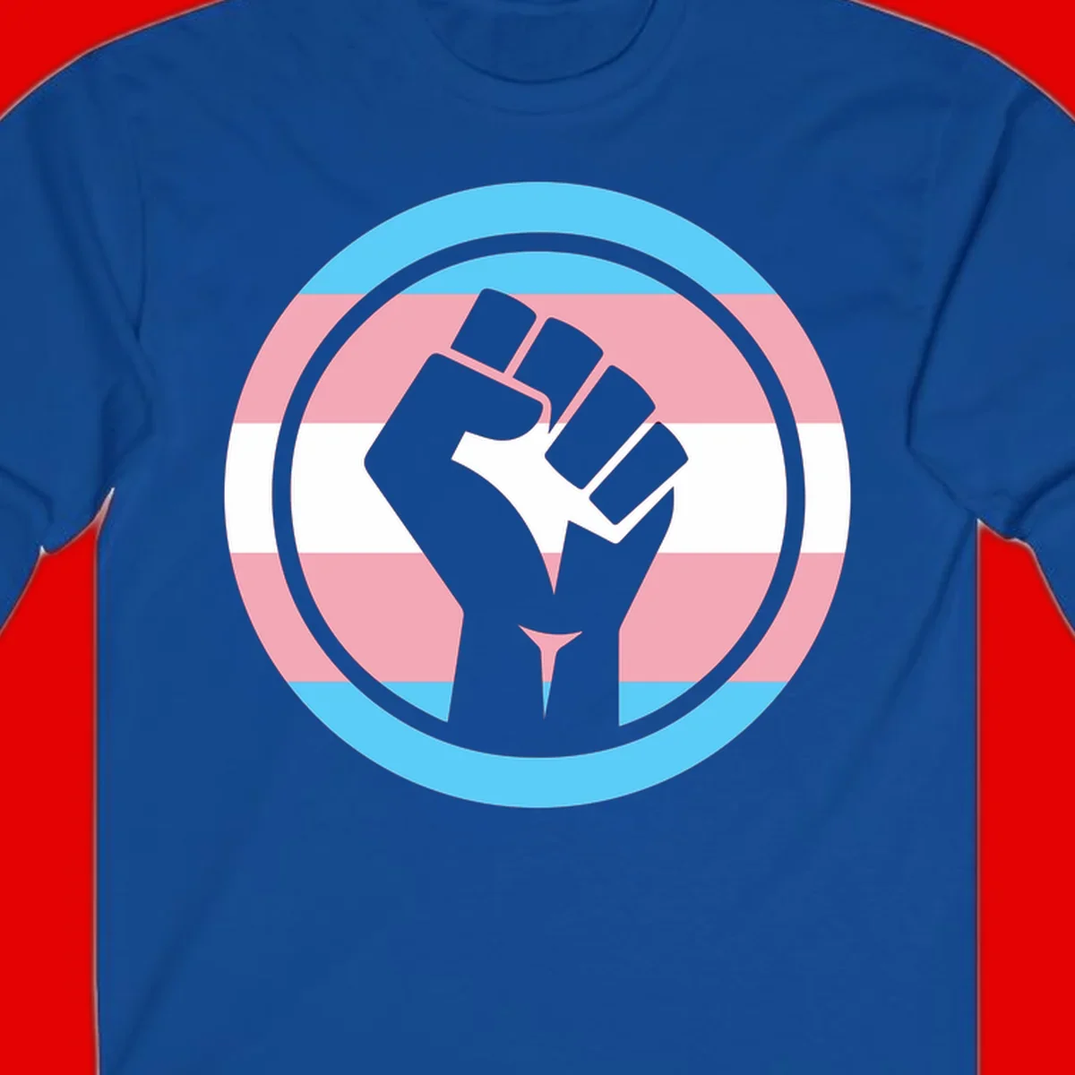 Gray raised fist inside circular badge with trans pride flag stripes in cyan, pink, and white horizontal bands