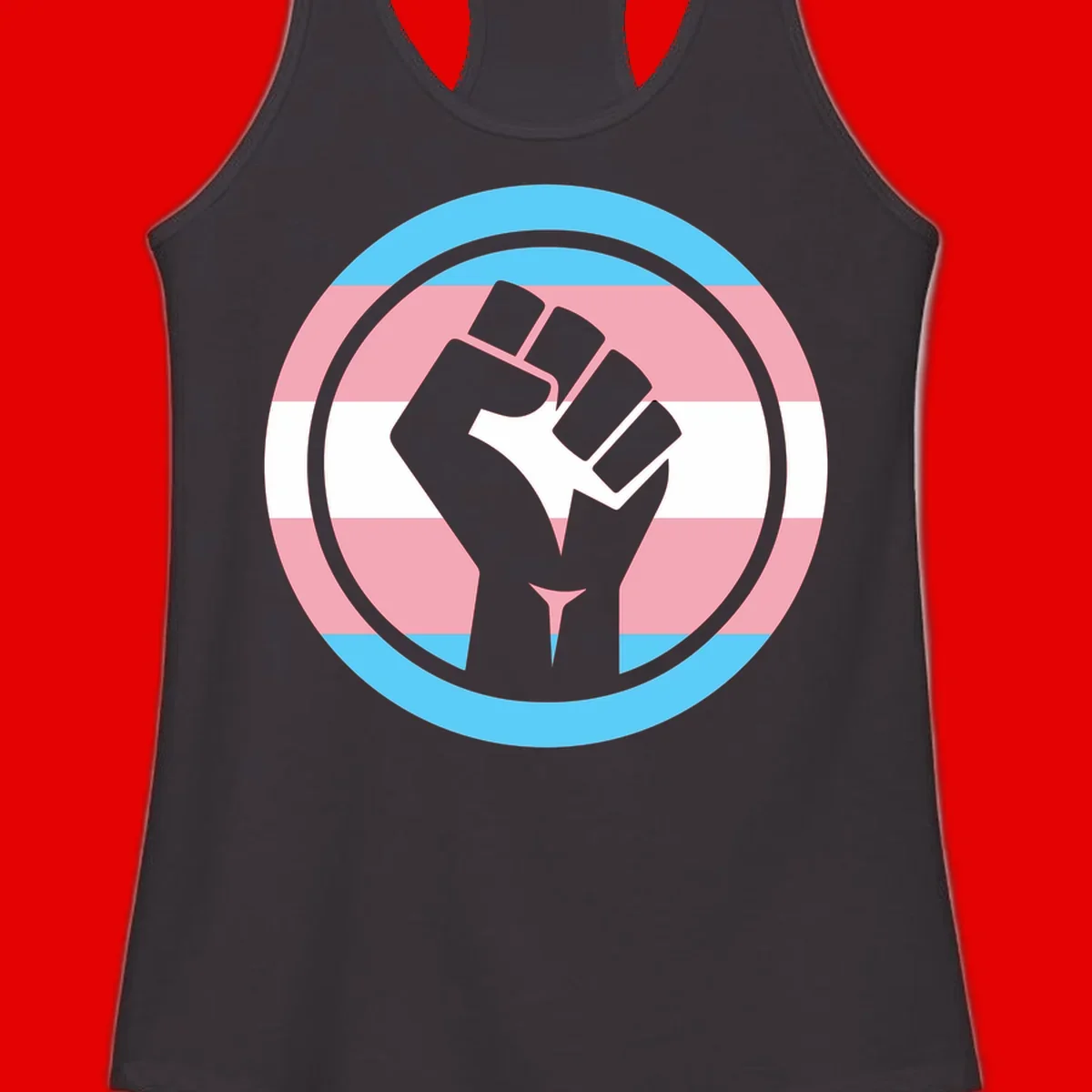Gray raised fist inside circular badge with trans pride flag stripes in cyan, pink, and white horizontal bands