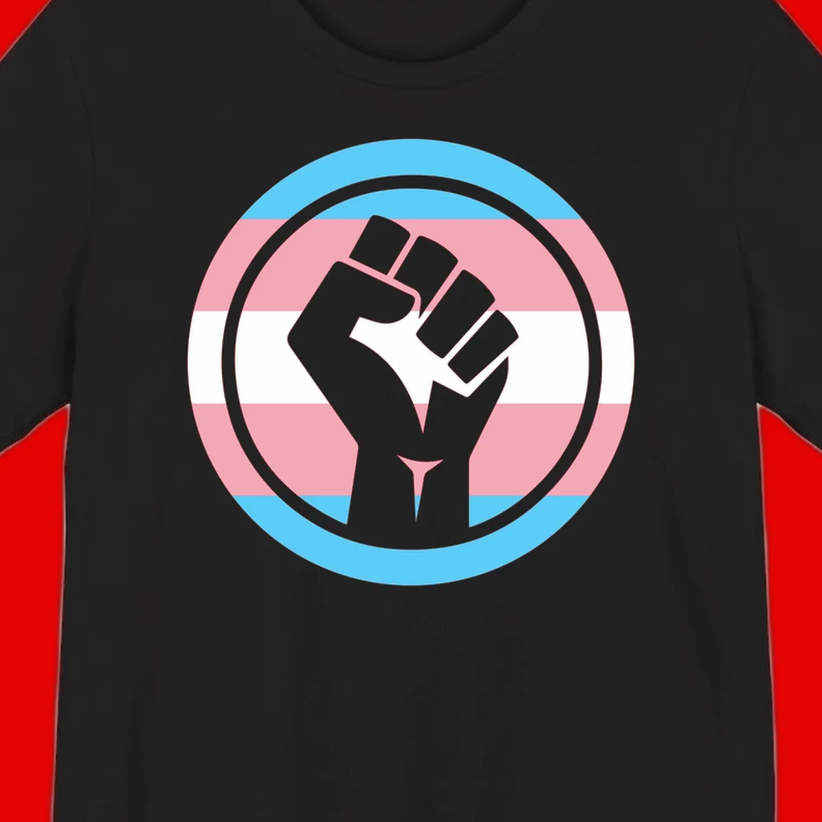 Gray raised fist inside circular badge with trans pride flag stripes in cyan, pink, and white horizontal bands
