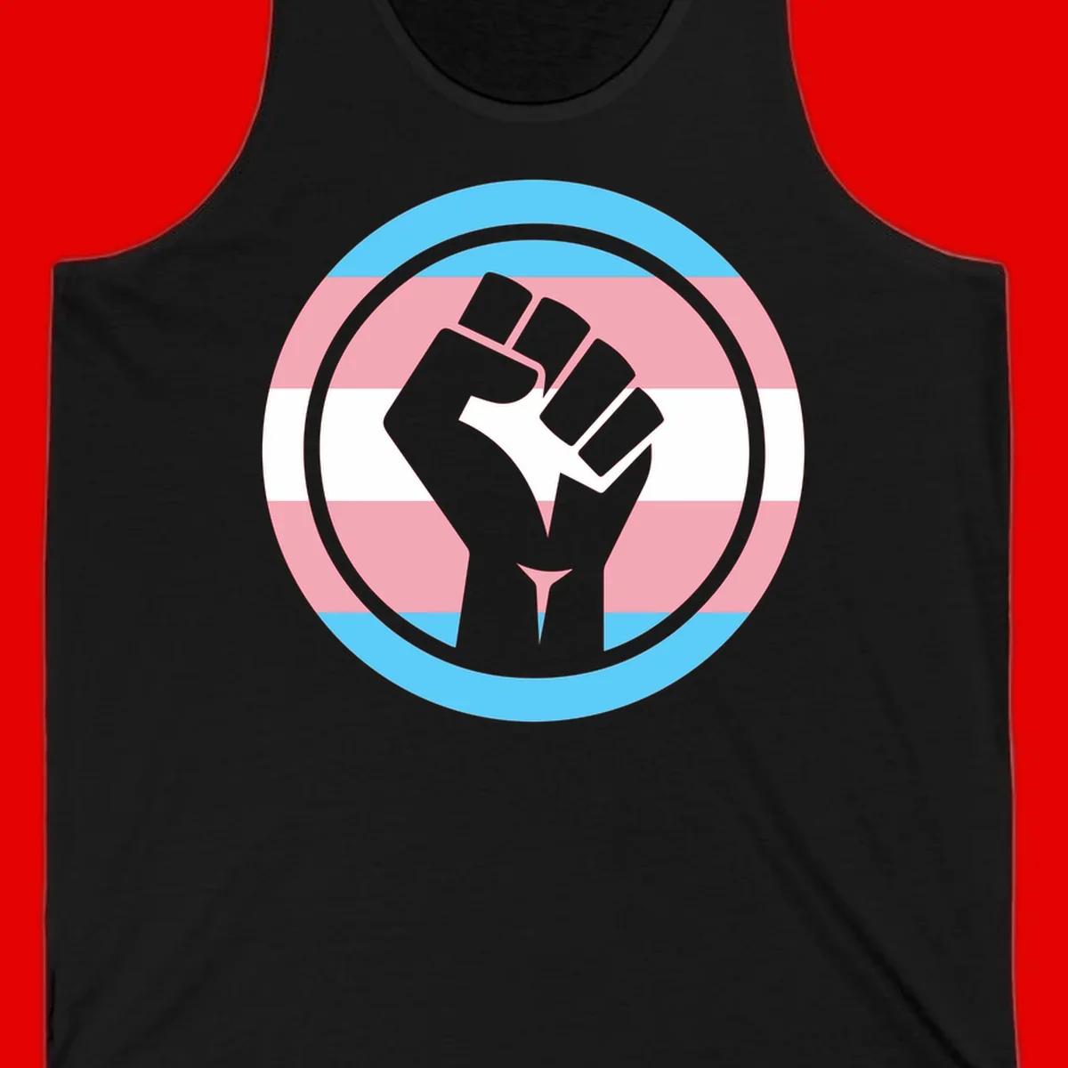 Gray raised fist inside circular badge with trans pride flag stripes in cyan, pink, and white horizontal bands