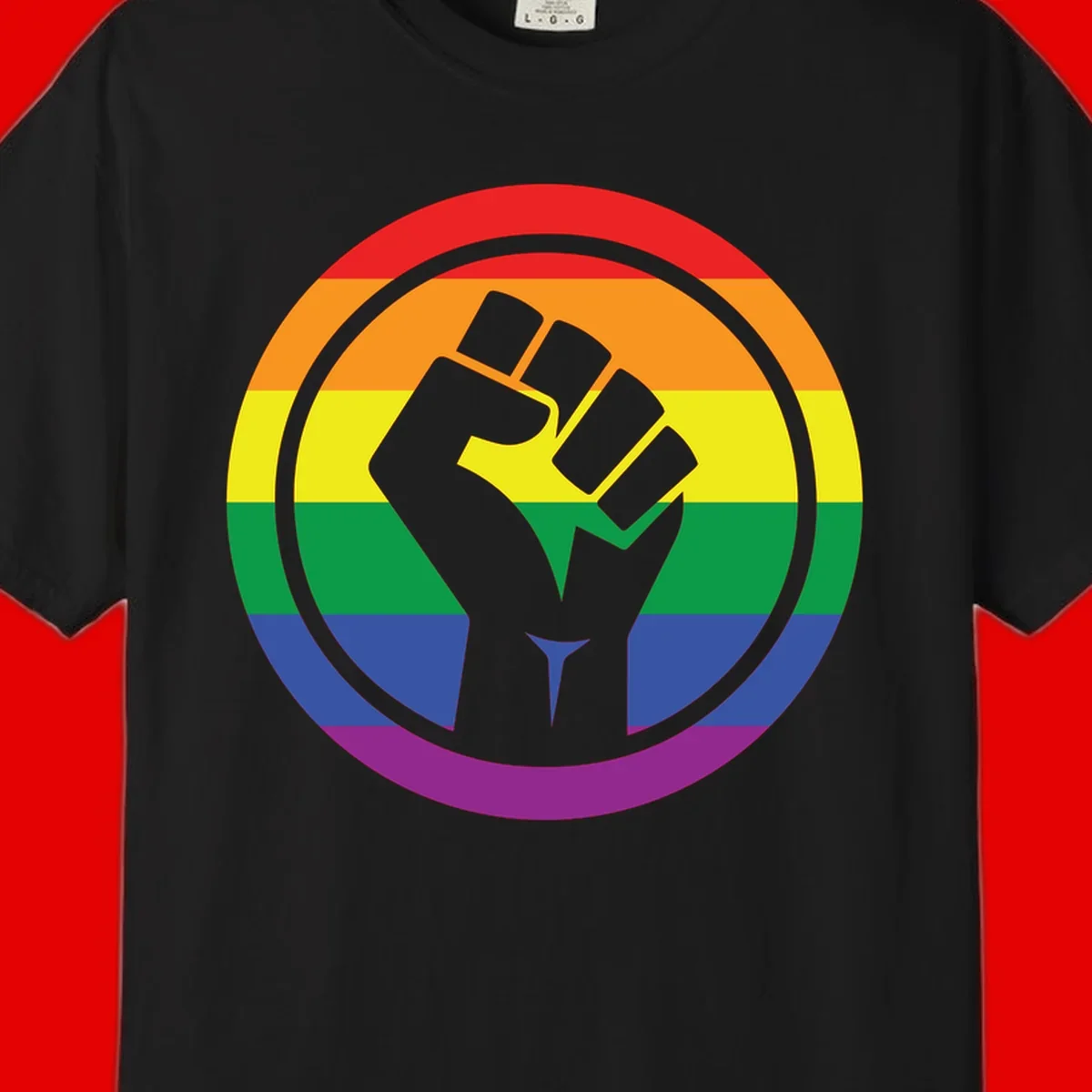 Raised fist silhouette on rainbow pride stripes within circular badge design symbolizing LGBTQ+ solidarity and activism