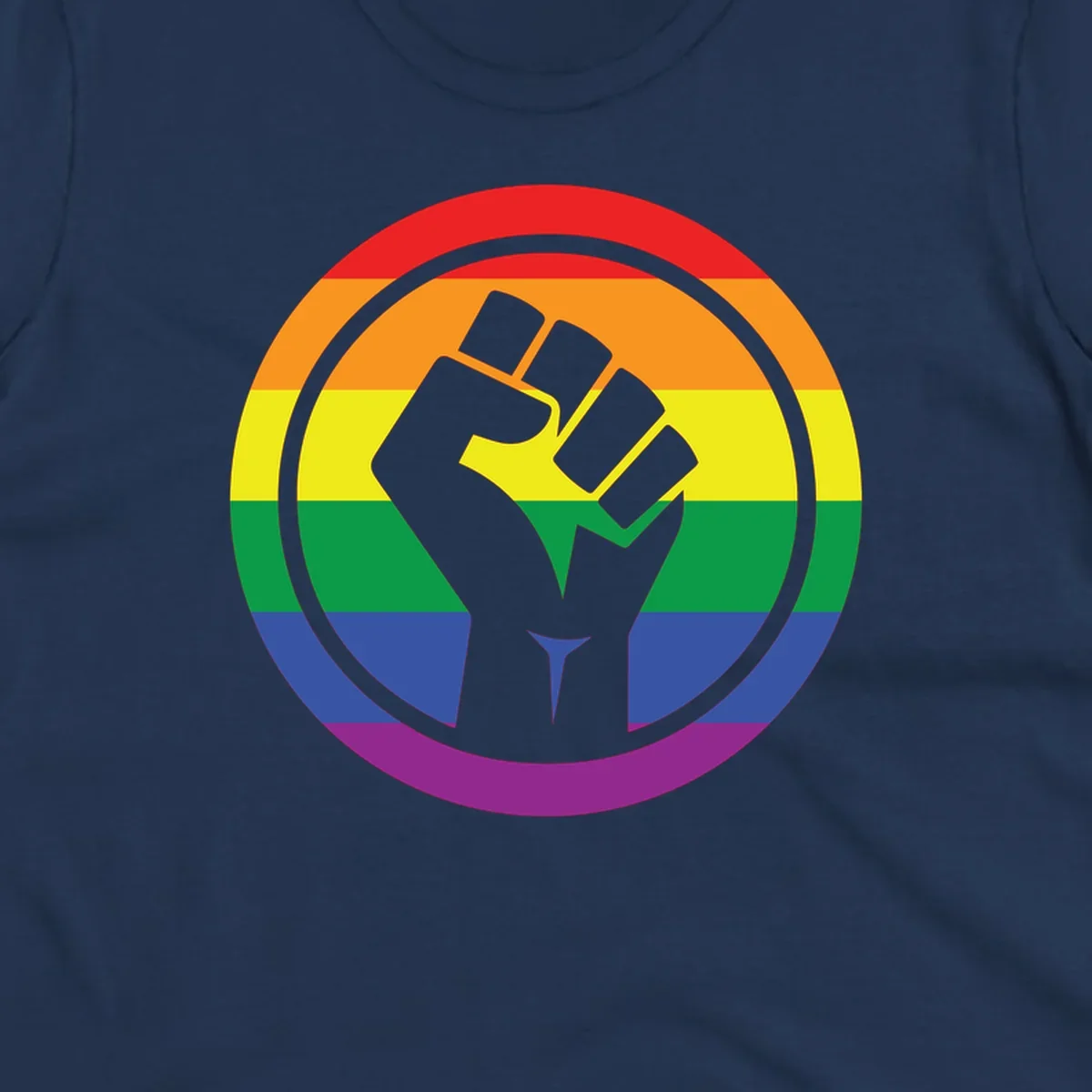 Raised fist silhouette on rainbow pride stripes within circular badge design symbolizing LGBTQ+ solidarity and activism