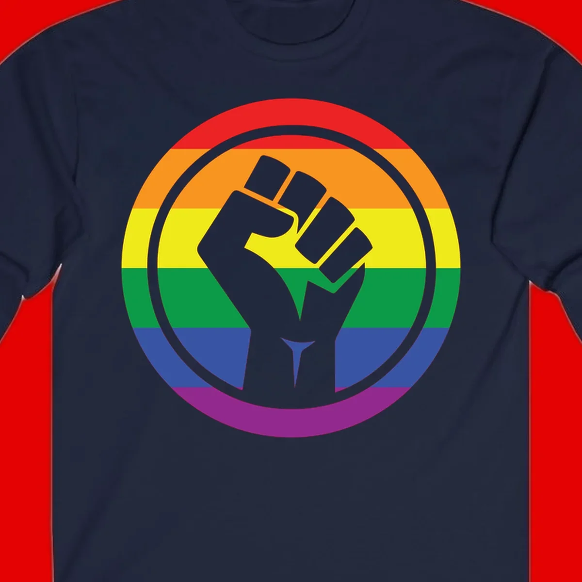 Raised fist silhouette on rainbow pride stripes within circular badge design symbolizing LGBTQ+ solidarity and activism