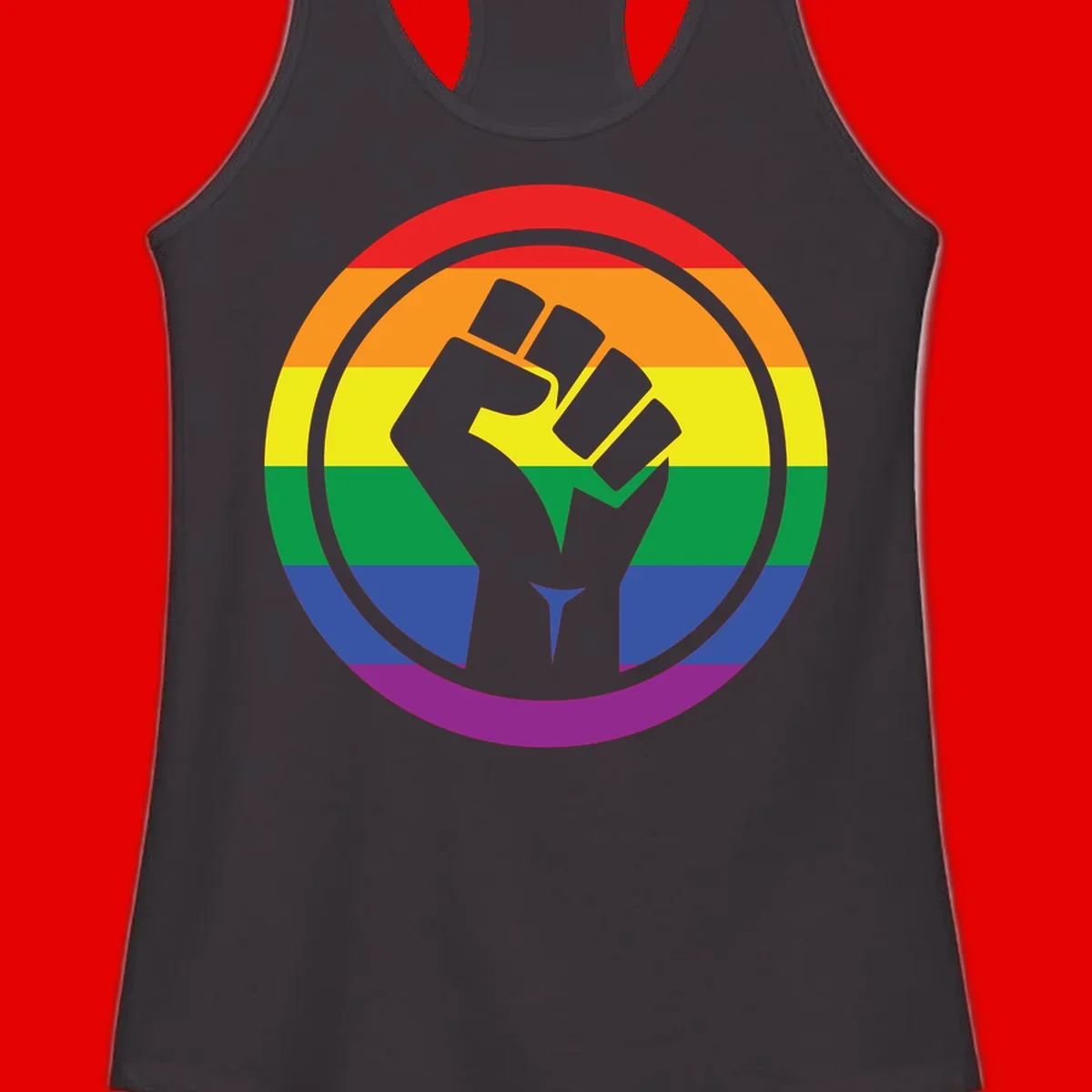 Raised fist silhouette on rainbow pride stripes within circular badge design symbolizing LGBTQ+ solidarity and activism