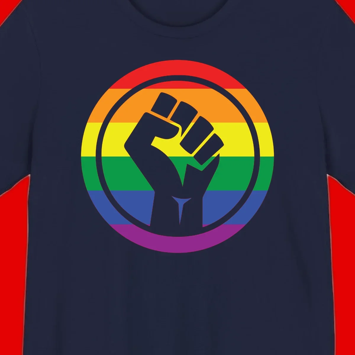 Raised fist silhouette on rainbow pride stripes within circular badge design symbolizing LGBTQ+ solidarity and activism