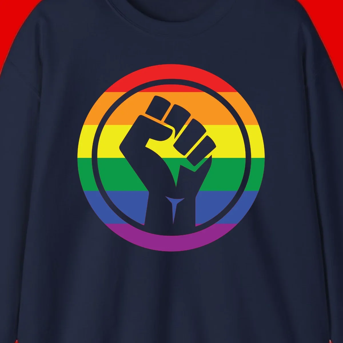 Raised fist silhouette on rainbow pride stripes within circular badge design symbolizing LGBTQ+ solidarity and activism