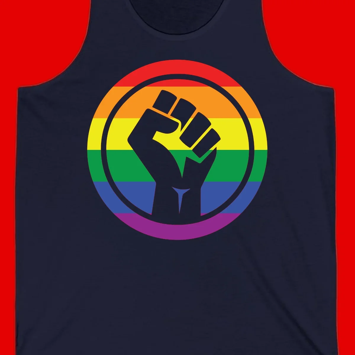 Raised fist silhouette on rainbow pride stripes within circular badge design symbolizing LGBTQ+ solidarity and activism