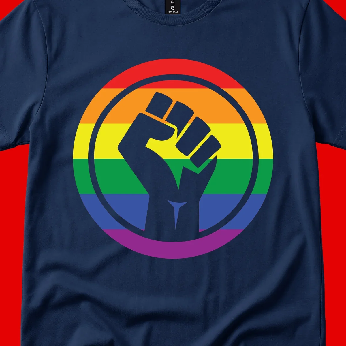 Raised fist silhouette on rainbow pride stripes within circular badge design symbolizing LGBTQ+ solidarity and activism