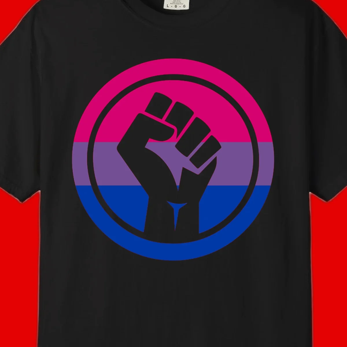 Raised fist silhouette in concentric circles with bisexual pride flag stripes in magenta, purple, and blue