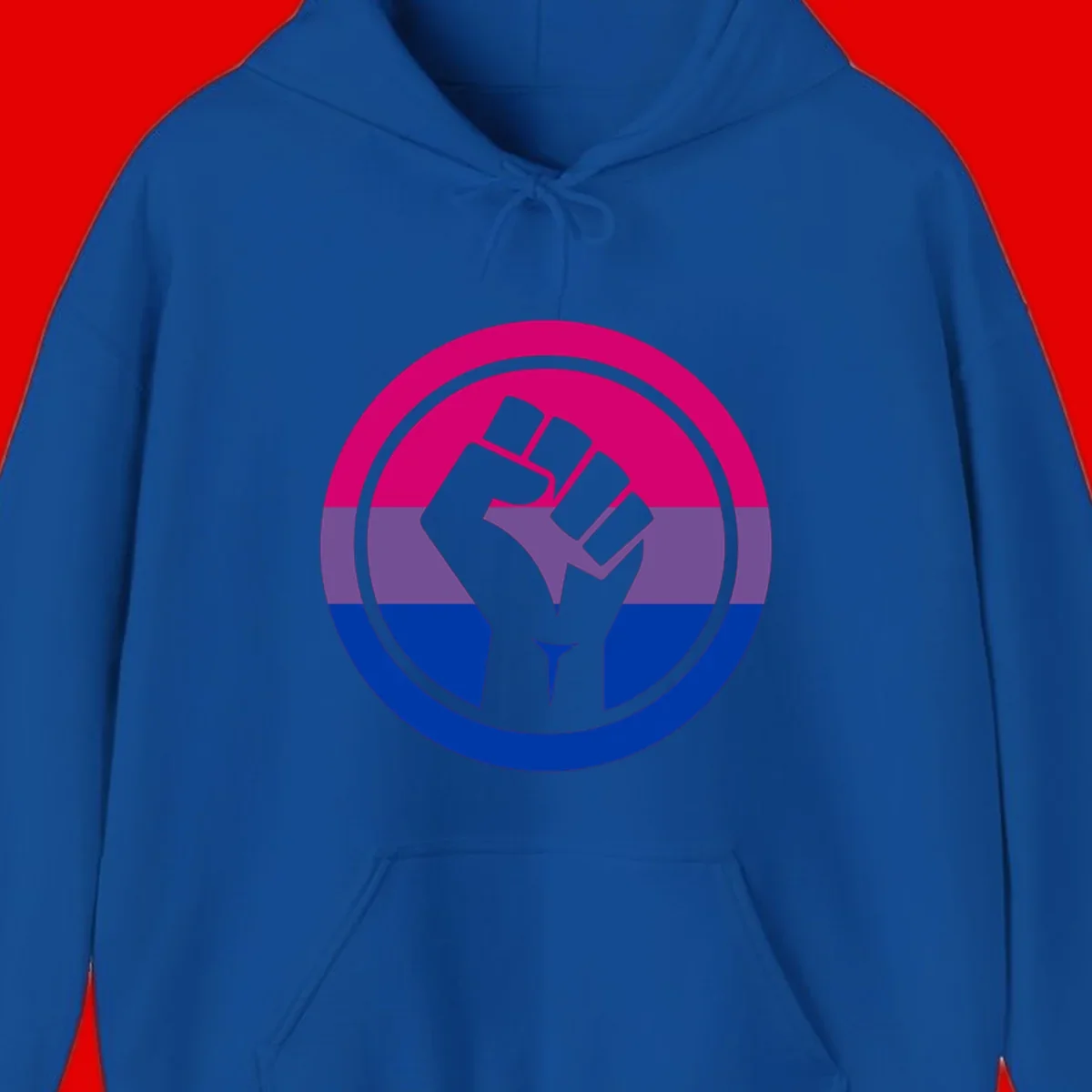 Raised fist silhouette in concentric circles with bisexual pride flag stripes in magenta, purple, and blue