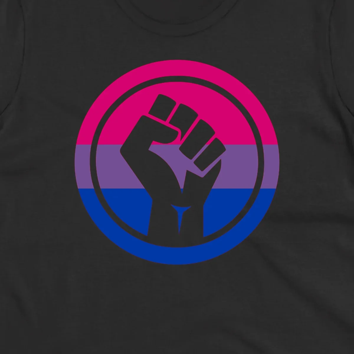 Raised fist silhouette in concentric circles with bisexual pride flag stripes in magenta, purple, and blue