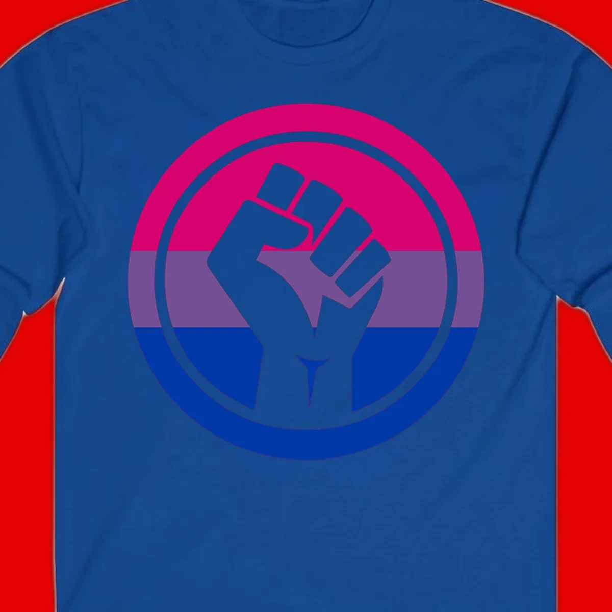 Raised fist silhouette in concentric circles with bisexual pride flag stripes in magenta, purple, and blue