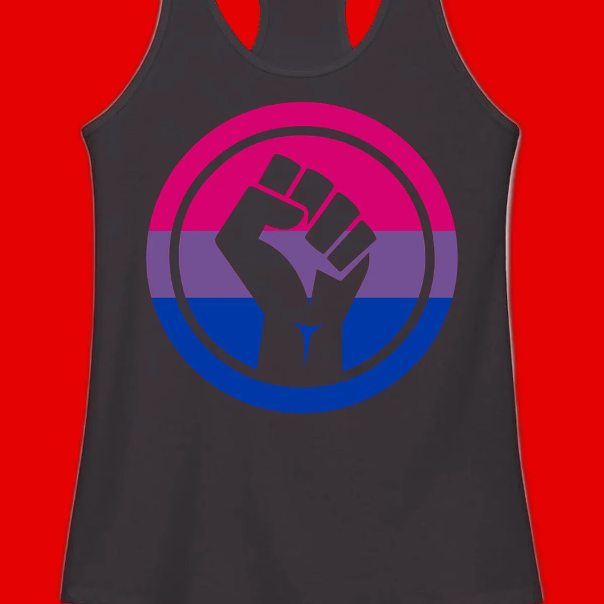 Raised fist silhouette in concentric circles with bisexual pride flag stripes in magenta, purple, and blue