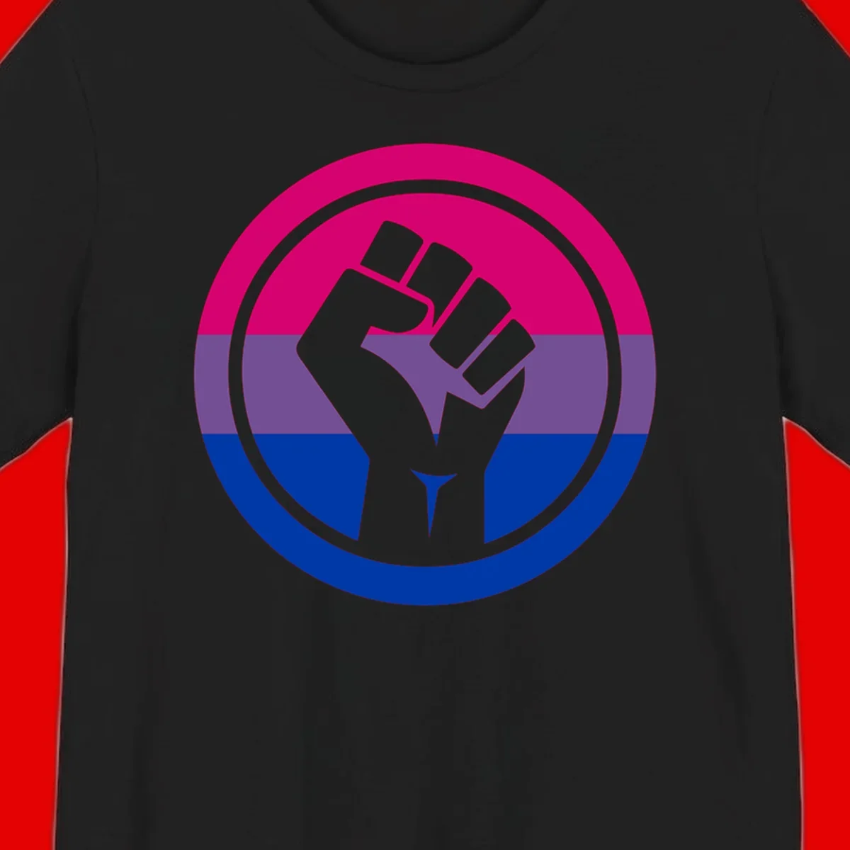 Raised fist silhouette in concentric circles with bisexual pride flag stripes in magenta, purple, and blue