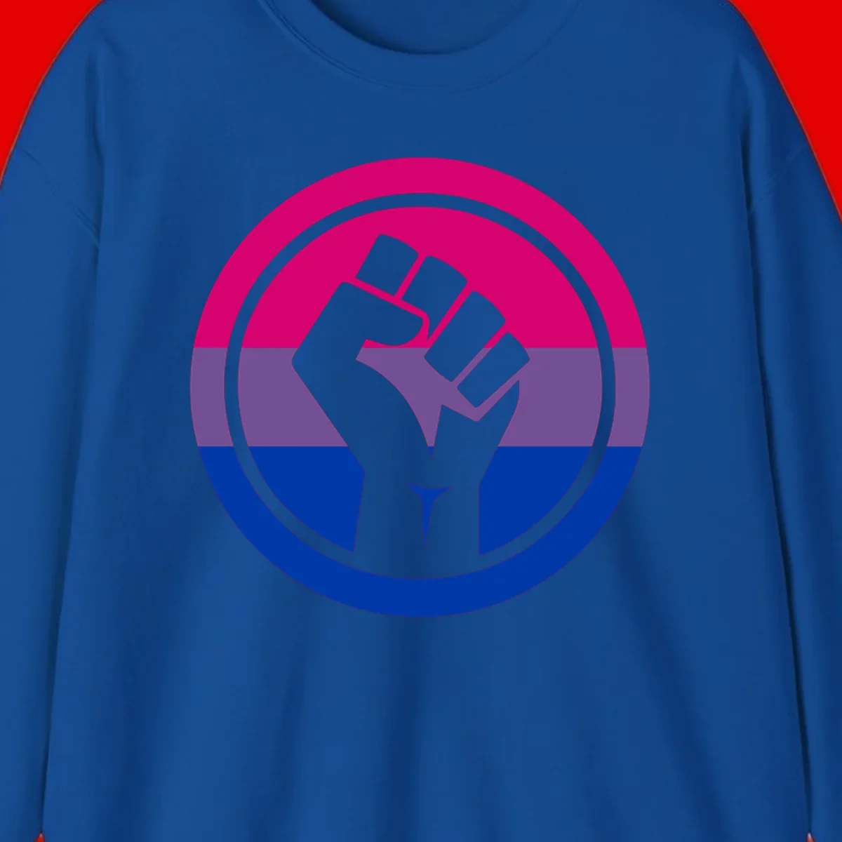 Raised fist silhouette in concentric circles with bisexual pride flag stripes in magenta, purple, and blue