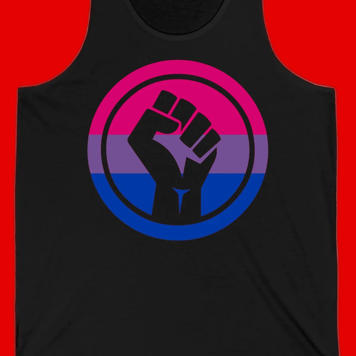 Raised fist silhouette in concentric circles with bisexual pride flag stripes in magenta, purple, and blue