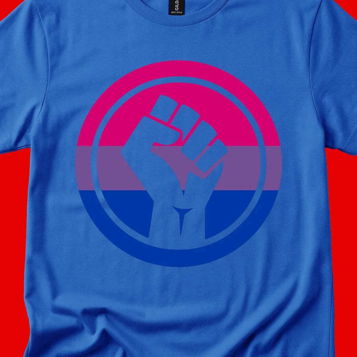 Raised fist silhouette in concentric circles with bisexual pride flag stripes in magenta, purple, and blue