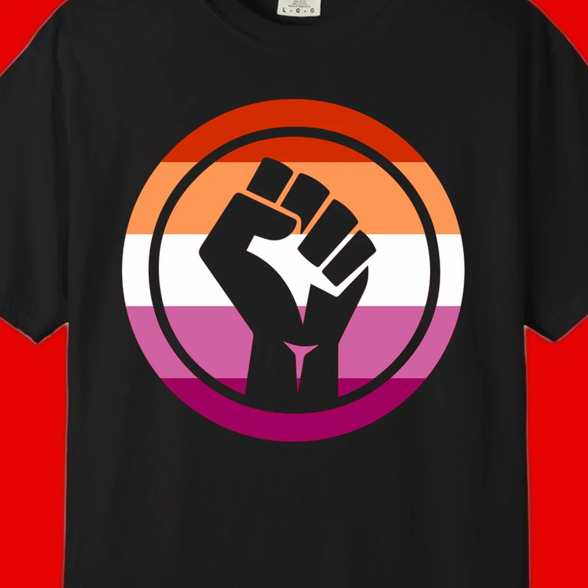 Raised fist silhouette on rainbow pride flag stripes within concentric circles, symbolizing LGBTQ+ strength and solidarity
