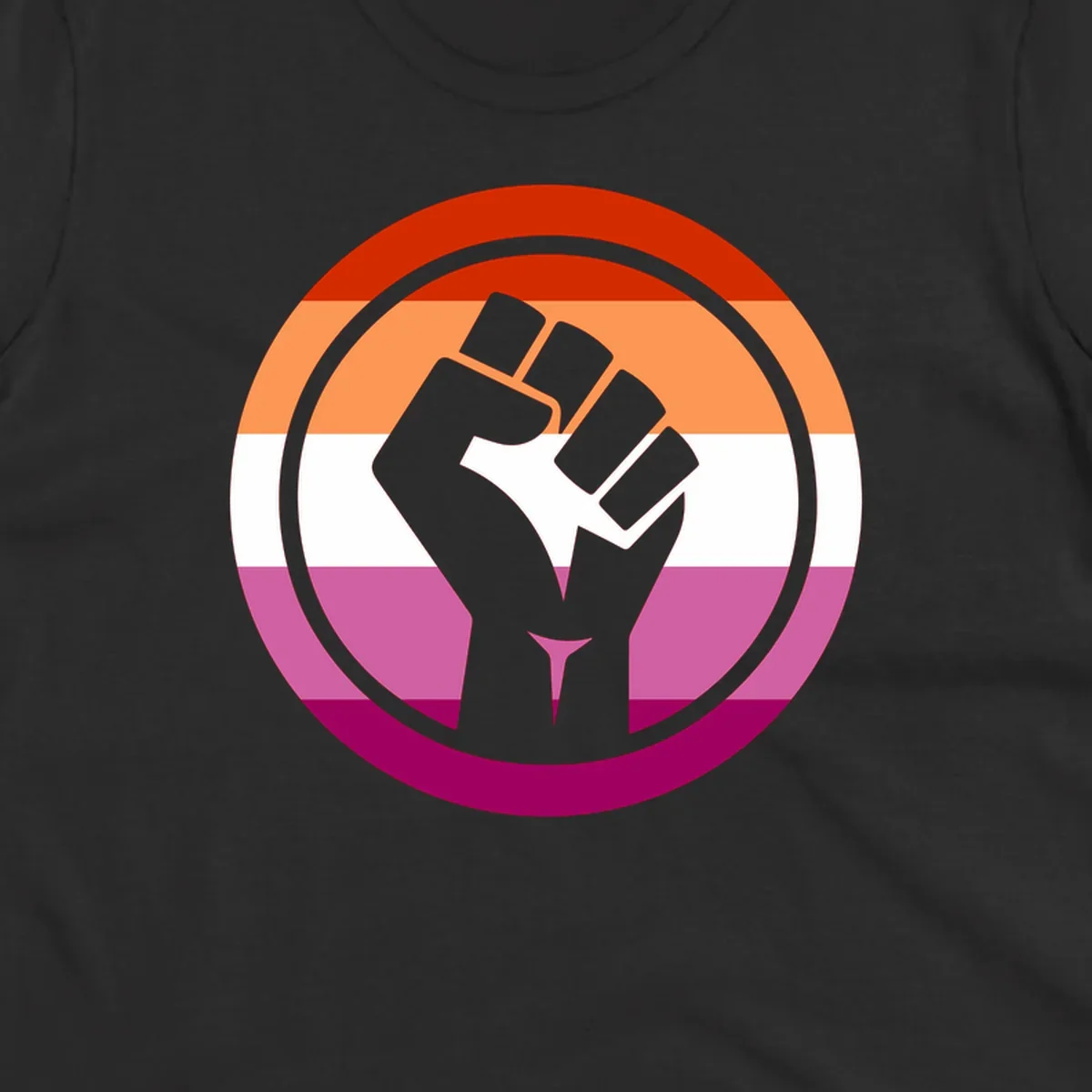 Raised fist silhouette on rainbow pride flag stripes within concentric circles, symbolizing LGBTQ+ strength and solidarity