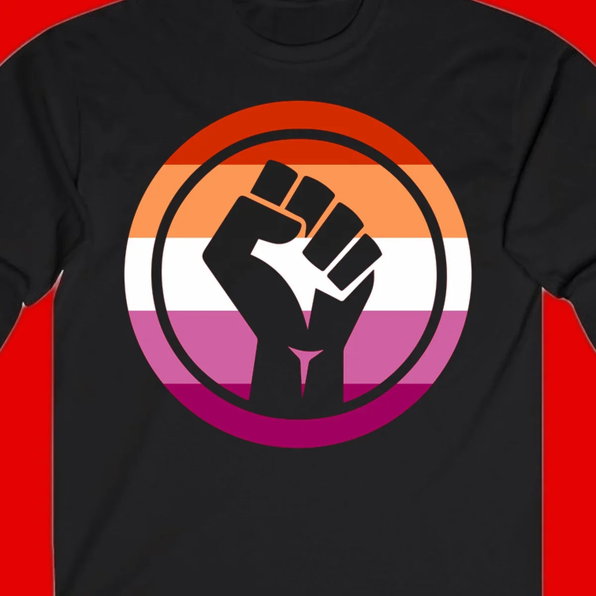 Raised fist silhouette on rainbow pride flag stripes within concentric circles, symbolizing LGBTQ+ strength and solidarity
