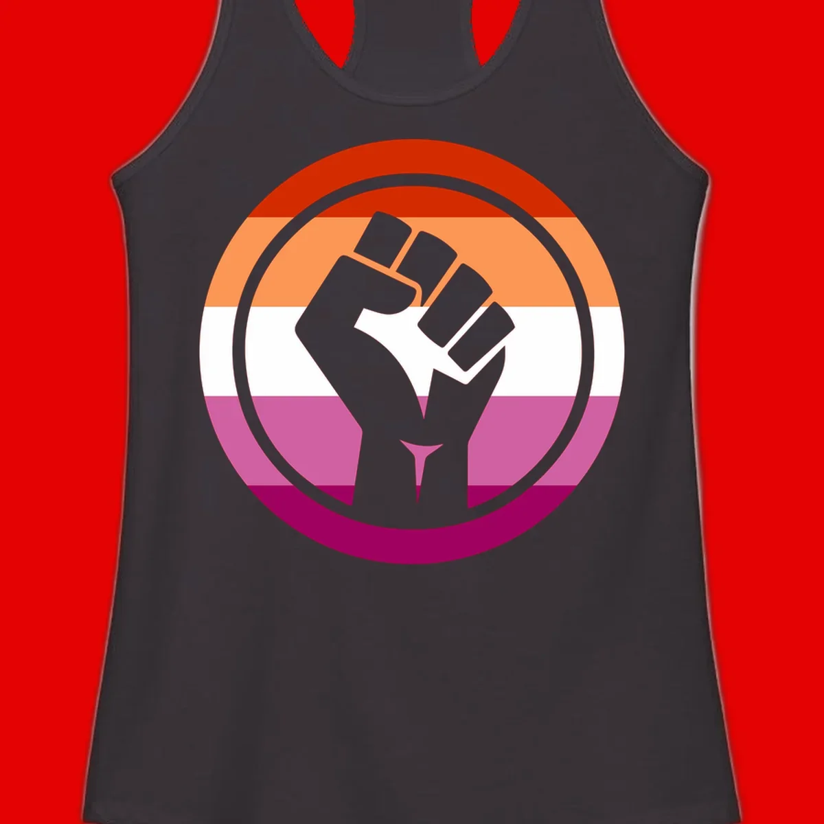 Raised fist silhouette on rainbow pride flag stripes within concentric circles, symbolizing LGBTQ+ strength and solidarity