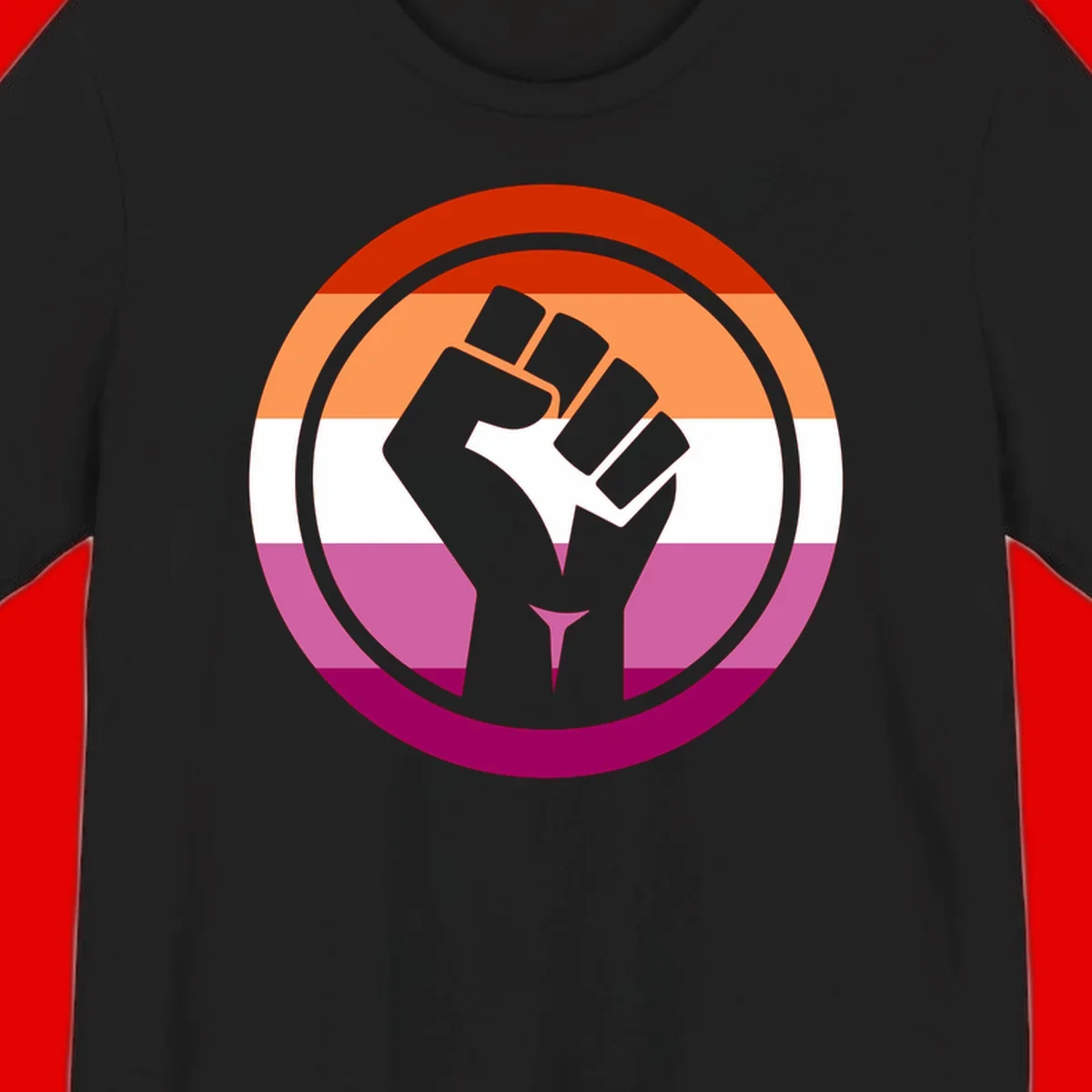 Raised fist silhouette on rainbow pride flag stripes within concentric circles, symbolizing LGBTQ+ strength and solidarity