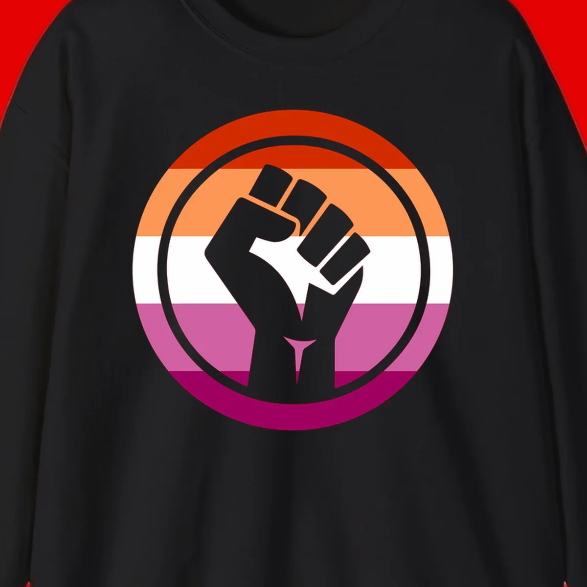 Raised fist silhouette on rainbow pride flag stripes within concentric circles, symbolizing LGBTQ+ strength and solidarity