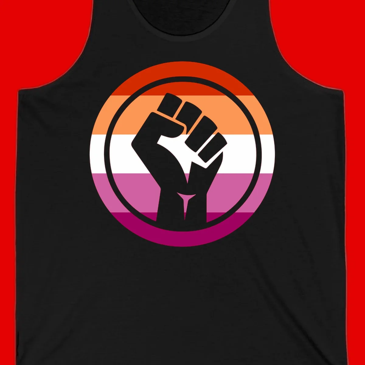 Raised fist silhouette on rainbow pride flag stripes within concentric circles, symbolizing LGBTQ+ strength and solidarity