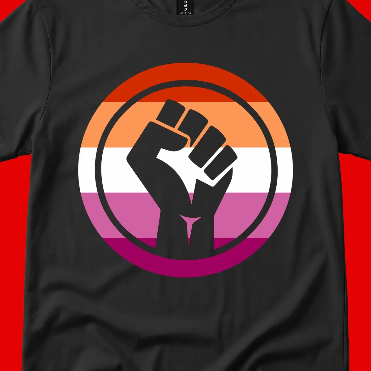 Raised fist silhouette on rainbow pride flag stripes within concentric circles, symbolizing LGBTQ+ strength and solidarity
