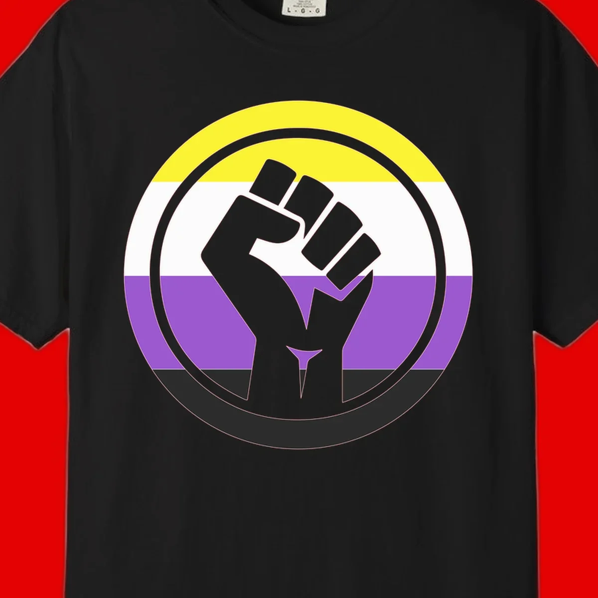 Raised fist silhouette within concentric rings on nonbinary pride flag with yellow, white, purple, and black stripes