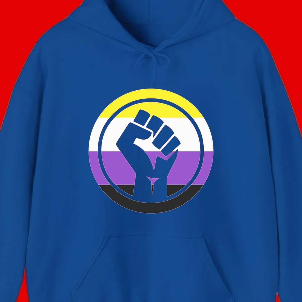 Raised fist silhouette within concentric rings on nonbinary pride flag with yellow, white, purple, and black stripes