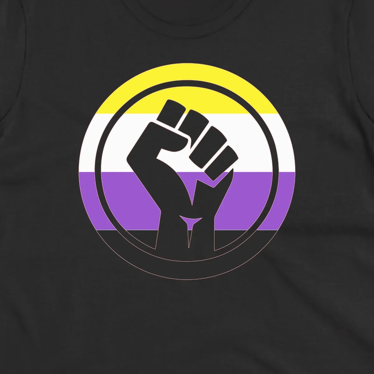 Raised fist silhouette within concentric rings on nonbinary pride flag with yellow, white, purple, and black stripes