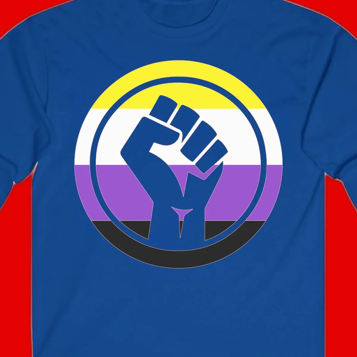 Raised fist silhouette within concentric rings on nonbinary pride flag with yellow, white, purple, and black stripes
