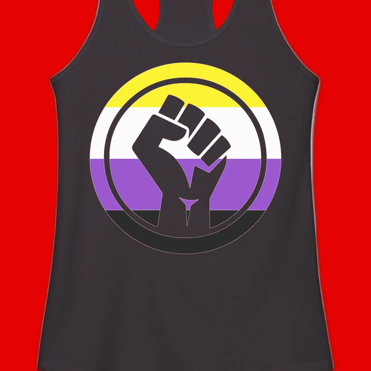 Raised fist silhouette within concentric rings on nonbinary pride flag with yellow, white, purple, and black stripes
