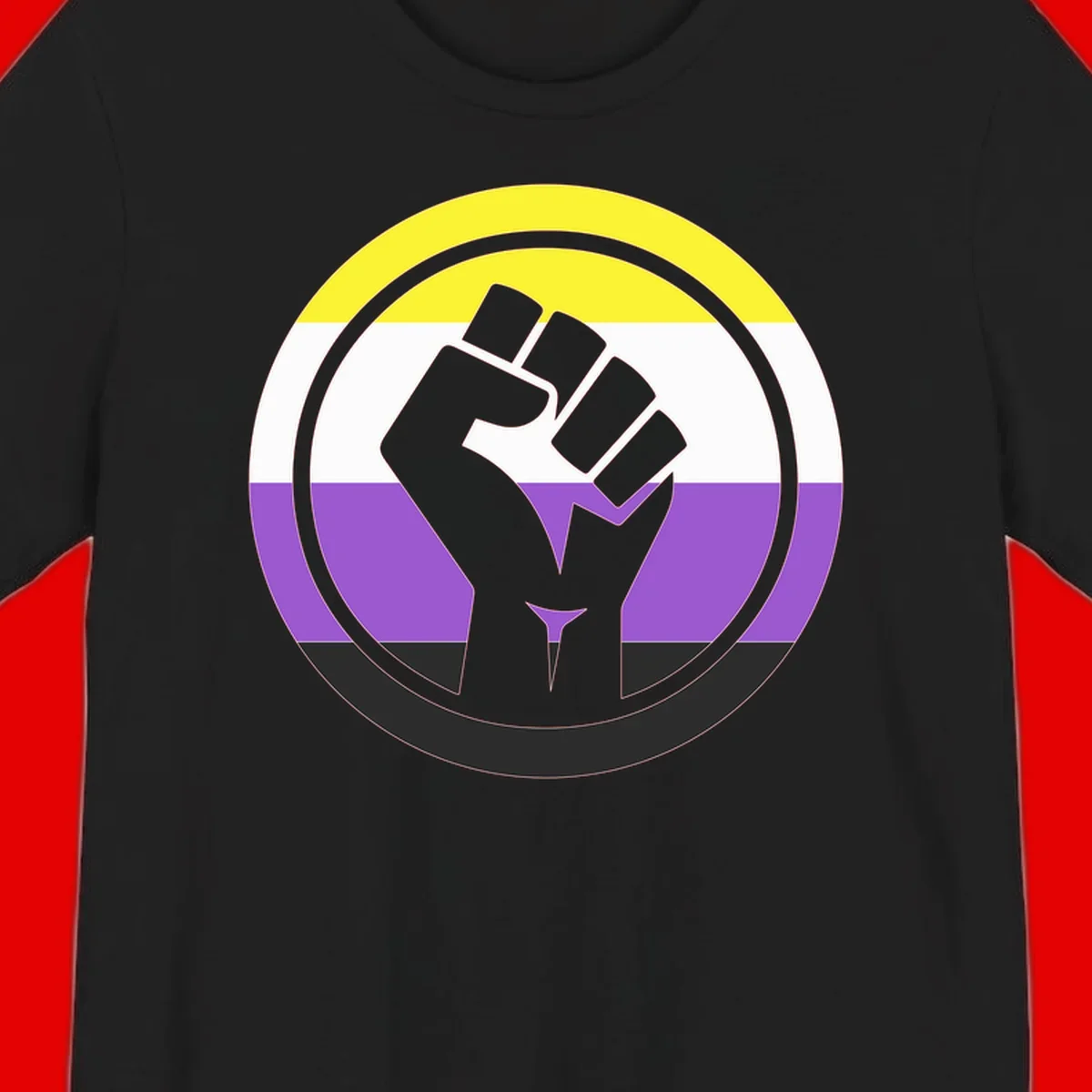 Raised fist silhouette within concentric rings on nonbinary pride flag with yellow, white, purple, and black stripes