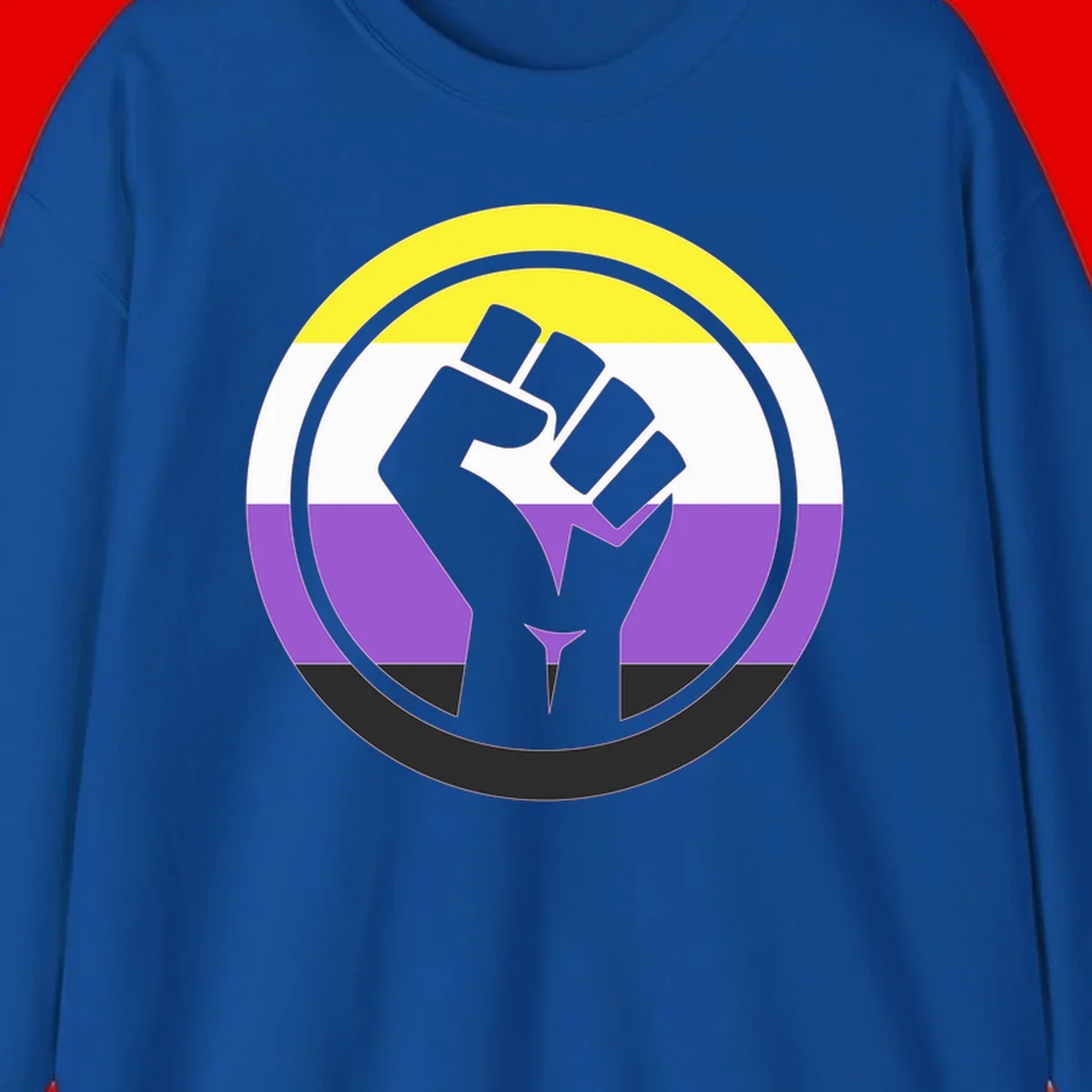 Raised fist silhouette within concentric rings on nonbinary pride flag with yellow, white, purple, and black stripes