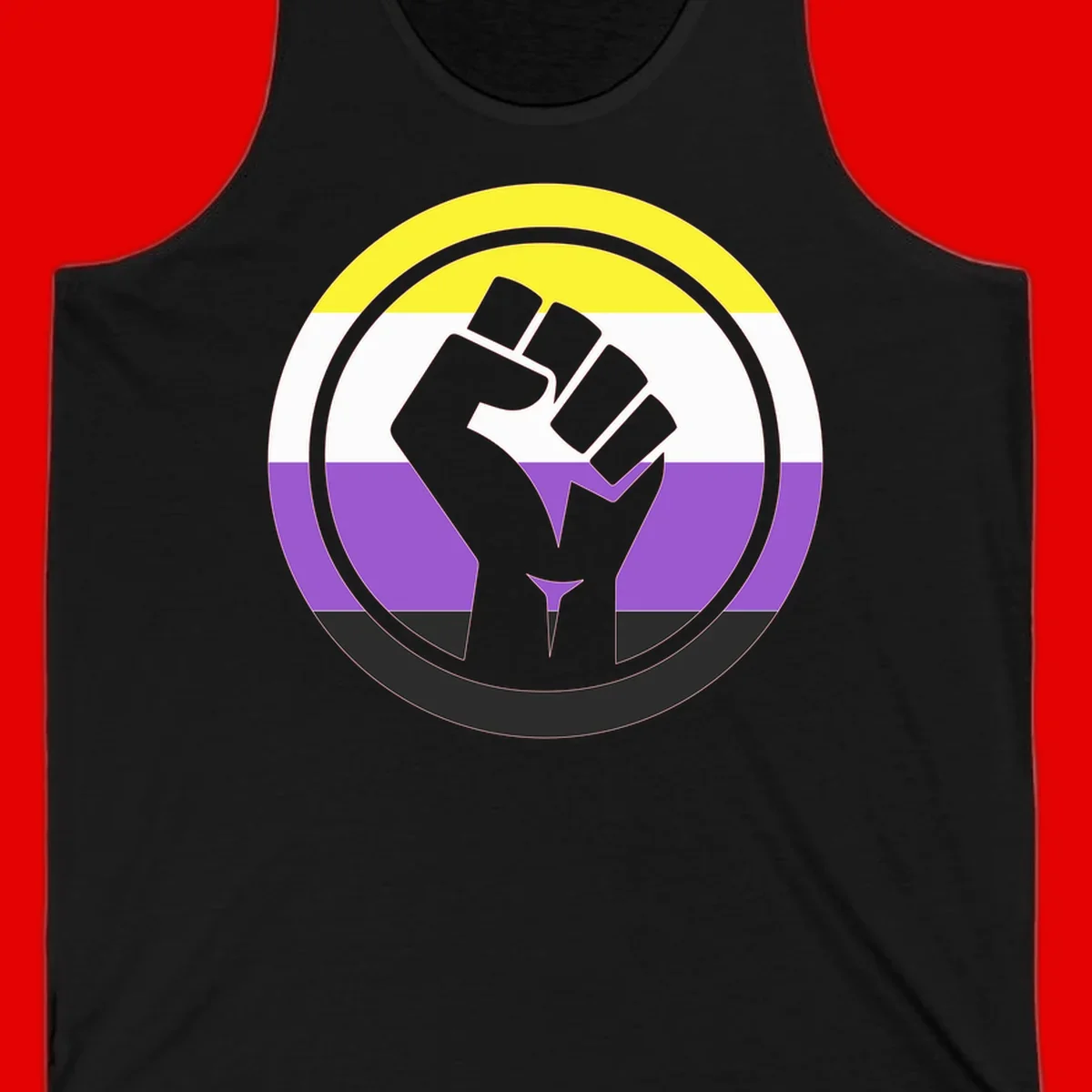 Raised fist silhouette within concentric rings on nonbinary pride flag with yellow, white, purple, and black stripes