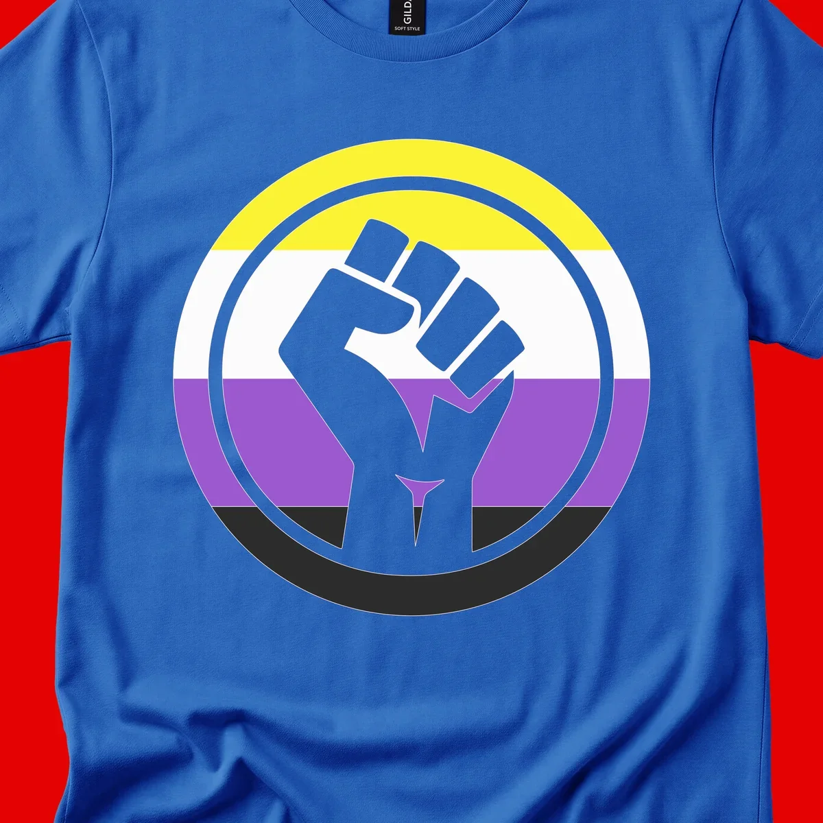 Raised fist silhouette within concentric rings on nonbinary pride flag with yellow, white, purple, and black stripes