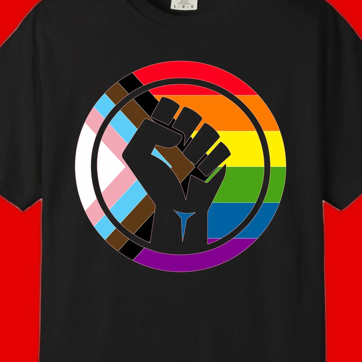 Raised fist silhouette surrounded by concentric rainbow pride flag stripes and intersectional diamond pattern border symbolizing LGBTQ+ unity and solidarity