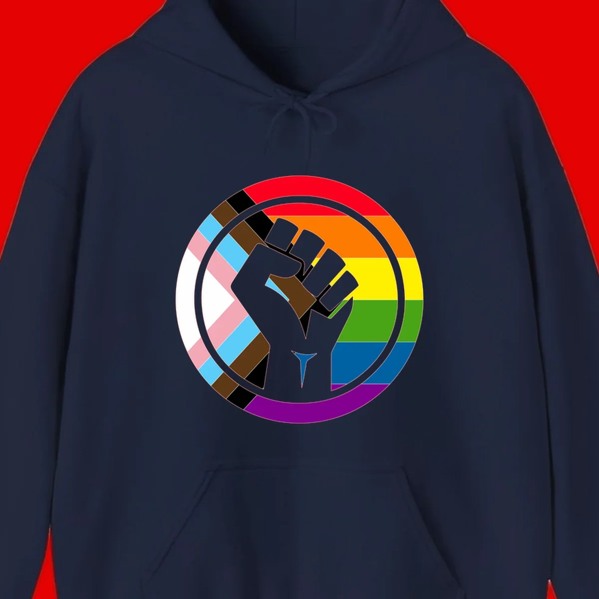 Raised fist silhouette surrounded by concentric rainbow pride flag stripes and intersectional diamond pattern border symbolizing LGBTQ+ unity and solidarity