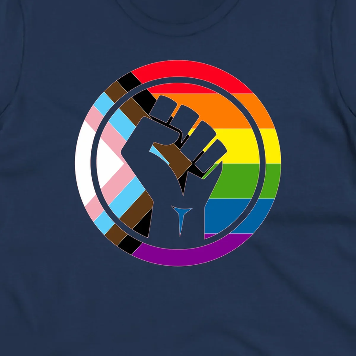 Raised fist silhouette surrounded by concentric rainbow pride flag stripes and intersectional diamond pattern border symbolizing LGBTQ+ unity and solidarity