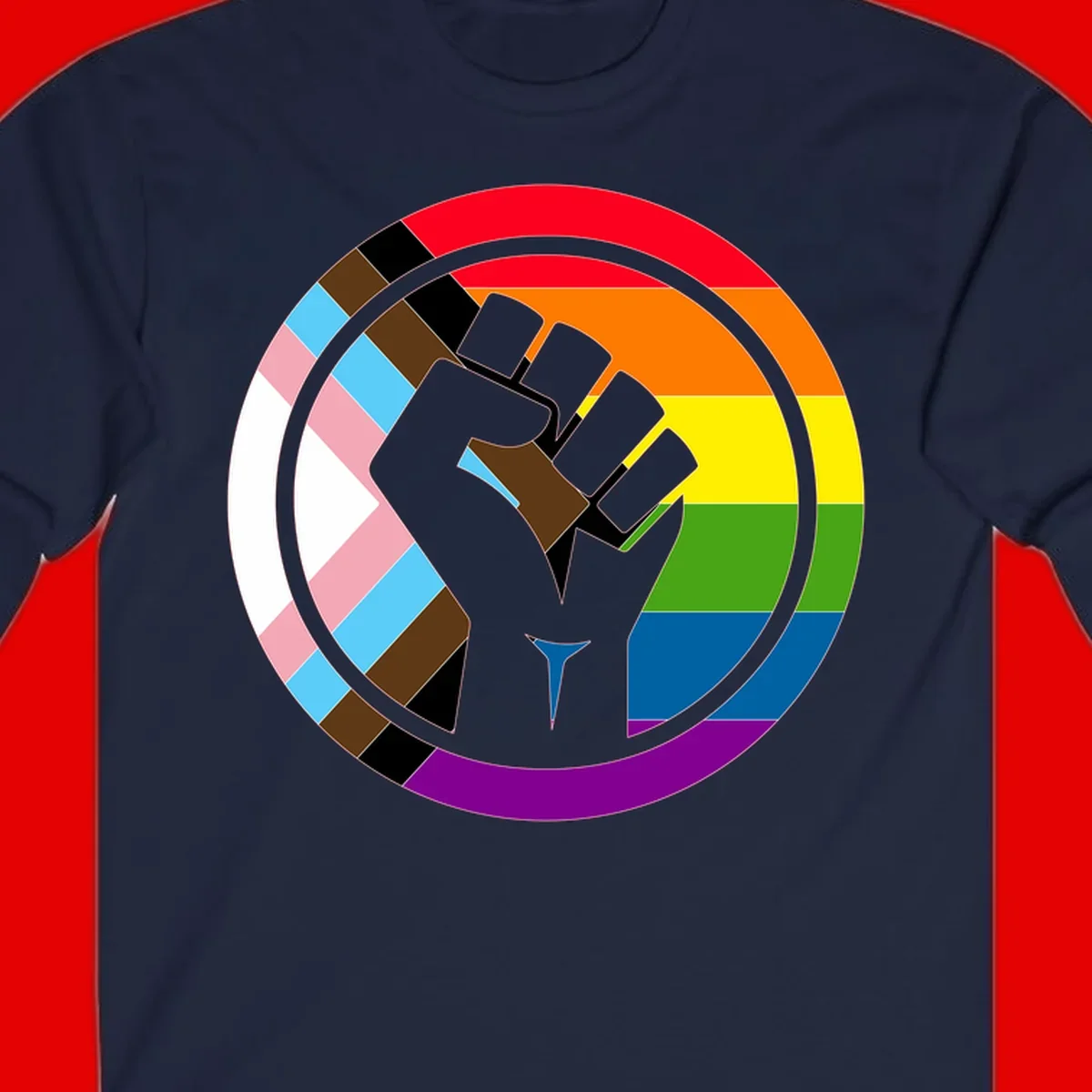 Raised fist silhouette surrounded by concentric rainbow pride flag stripes and intersectional diamond pattern border symbolizing LGBTQ+ unity and solidarity