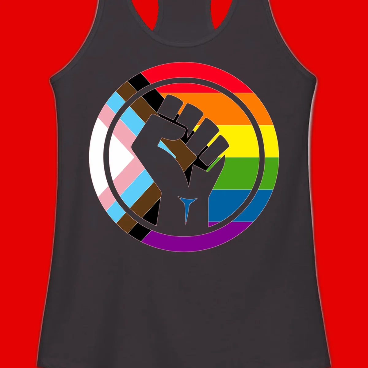 Raised fist silhouette surrounded by concentric rainbow pride flag stripes and intersectional diamond pattern border symbolizing LGBTQ+ unity and solidarity
