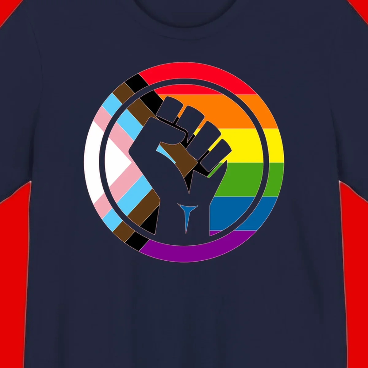 Raised fist silhouette surrounded by concentric rainbow pride flag stripes and intersectional diamond pattern border symbolizing LGBTQ+ unity and solidarity