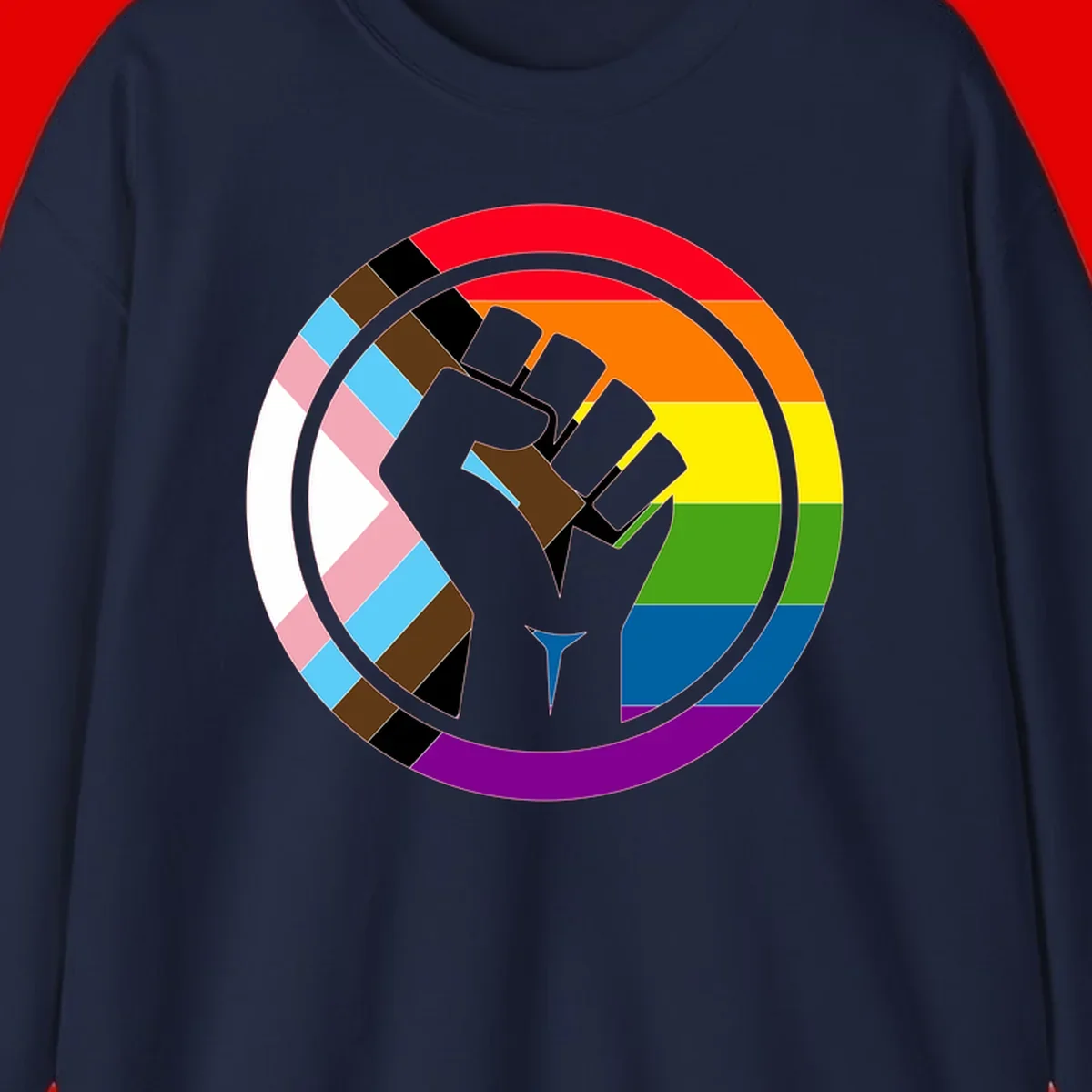 Raised fist silhouette surrounded by concentric rainbow pride flag stripes and intersectional diamond pattern border symbolizing LGBTQ+ unity and solidarity