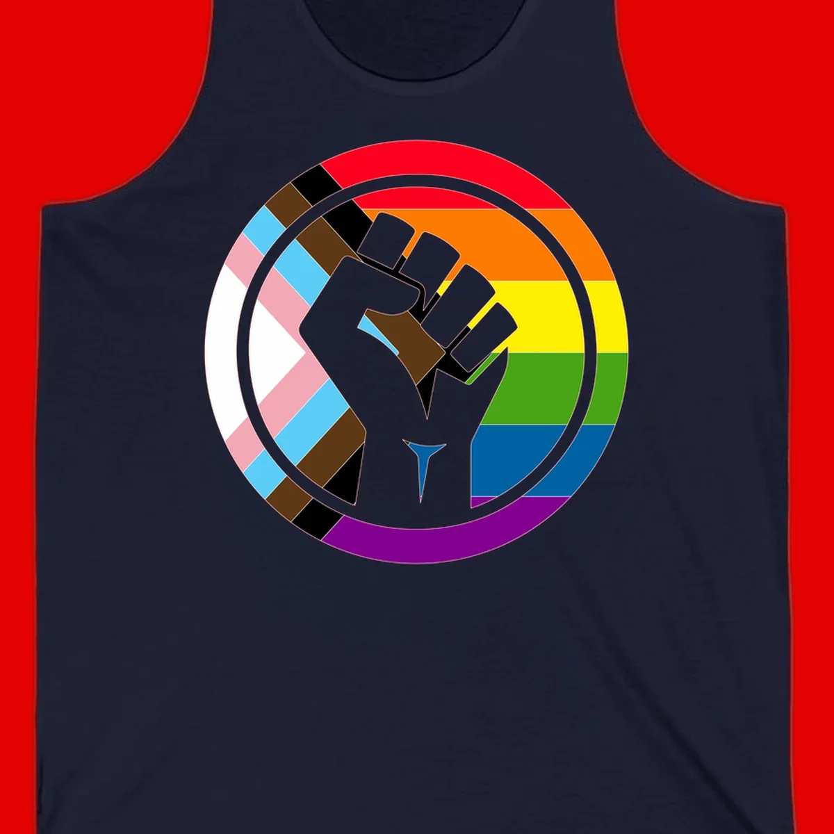 Raised fist silhouette surrounded by concentric rainbow pride flag stripes and intersectional diamond pattern border symbolizing LGBTQ+ unity and solidarity
