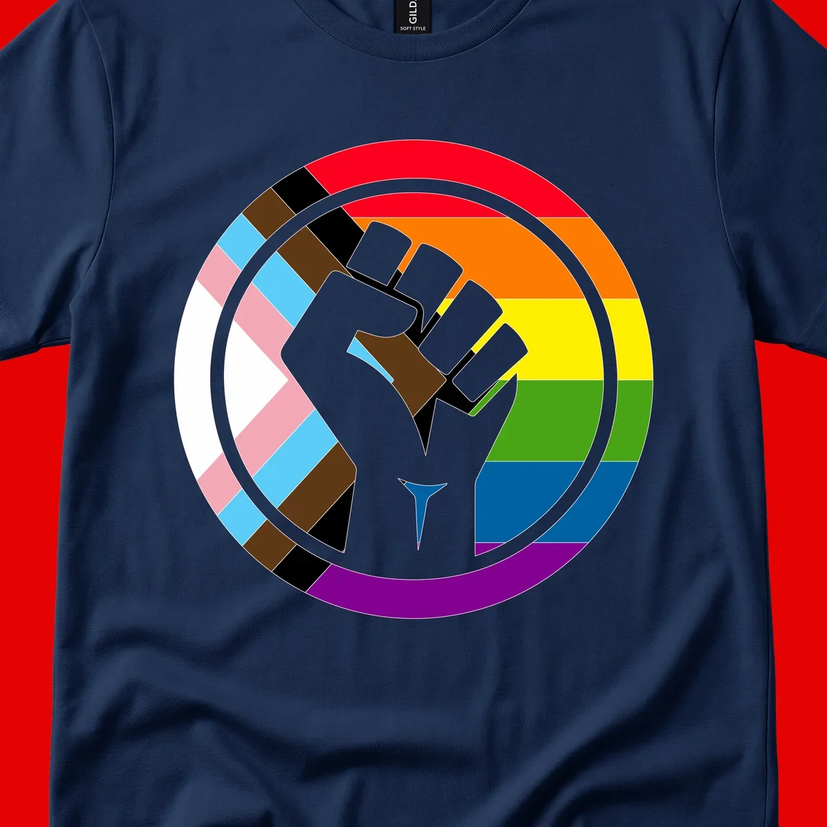 Raised fist silhouette surrounded by concentric rainbow pride flag stripes and intersectional diamond pattern border symbolizing LGBTQ+ unity and solidarity