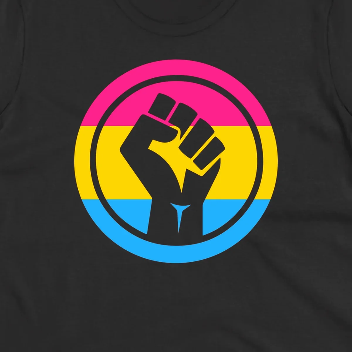 Raised fist silhouette in circular badge with magenta, yellow, and blue pride stripes symbolizing fist-pride-power and activism