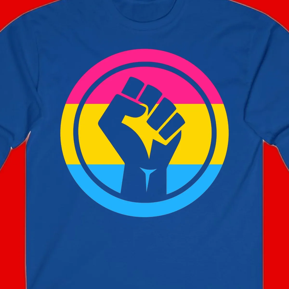 Raised fist silhouette in circular badge with magenta, yellow, and blue pride stripes symbolizing fist-pride-power and activism