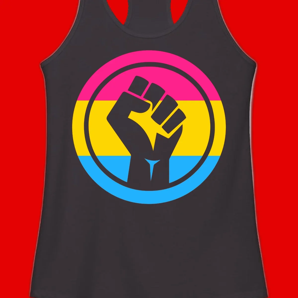 Raised fist silhouette in circular badge with magenta, yellow, and blue pride stripes symbolizing fist-pride-power and activism